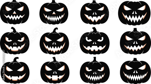 Scary Halloween pumpkin faces set with evil jack o lantern expressions vector collection