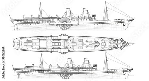Vintage paddle steamer ship technical blueprint with multiple views