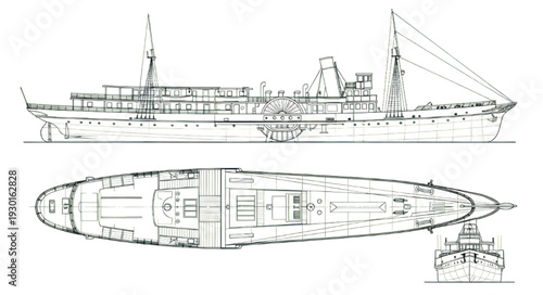 Historical riverboat nautical blueprint on aged parchment paper