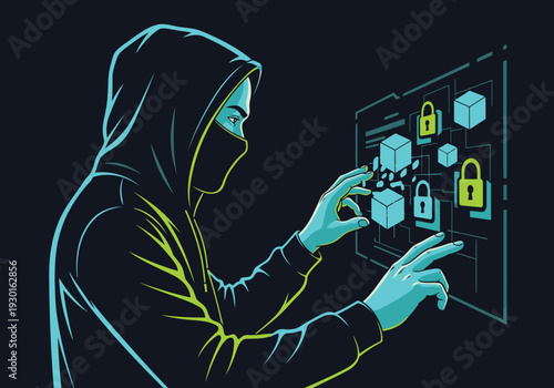 Hooded hacker using holographic interface to bypass security locks