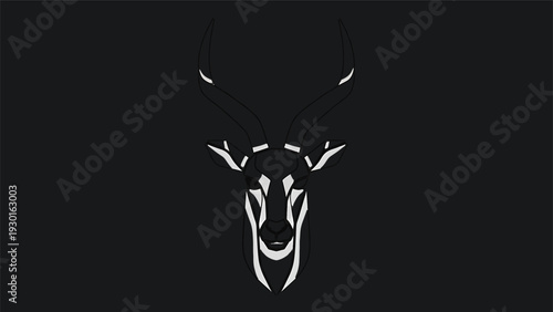 Minimalist White Deer Head Silhouette on Black Background.
