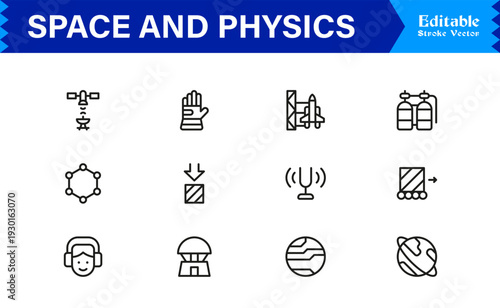 Space And Physics line icon set – Professional, minimal, and modern collection featuring editable vector symbols of astronomy, science, gravity, planets, and space concepts
