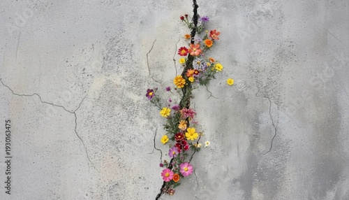A vibrant bouquet of colorful flowers growing through a crack in a gray concrete surface