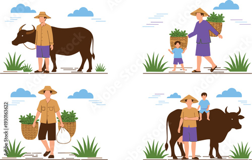 Rural Farmers Working with Buffalo Carrying Crops and Family Farming Life Scenes Vector Illustration Set