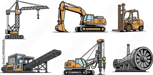 Construction machinery equipment set, crane excavator forklift drilling rig conveyor and industrial fan illustrations, detailed heavy industry machines isolated on white background