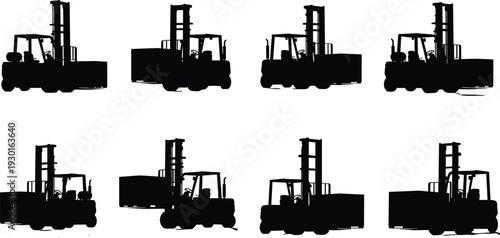 Forklift truck silhouettes set, warehouse material handling vehicles collection, industrial lift equipment icons in black isolated on white background