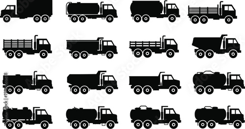 Heavy duty truck silhouettes set, tanker dump cargo and utility transport vehicles collection, black commercial lorry icons isolated on white background