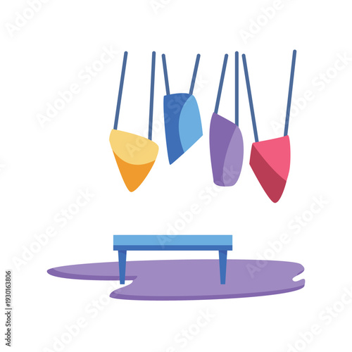 A rustic wooden bench featuring an array of bright, colorful hanging balls