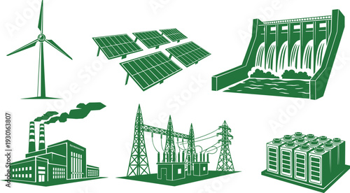 Renewable and conventional energy sources set, wind turbine solar panels hydro dam power plant substation battery storage green vector illustration
