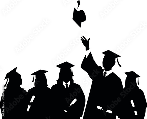 Graduates celebrating with tassel toss silhouette