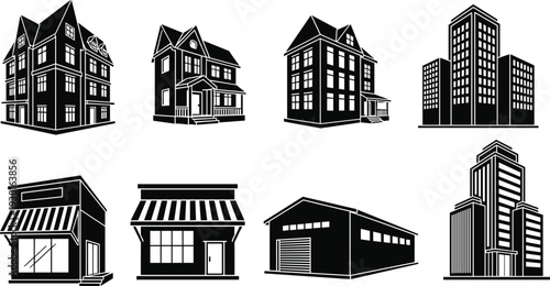 Residential and commercial building silhouettes set, houses shops warehouse and skyscrapers, black architecture icons collection isolated on white background illustration