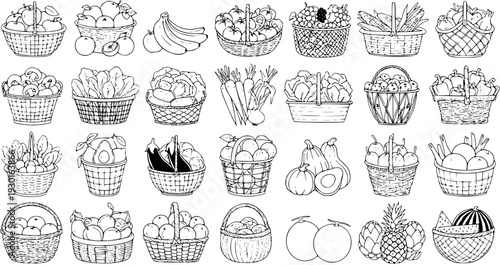 Hand-Drawn Fruits and Vegetables in Baskets Collection - Sketchy Line Art Illustrations for Food, Harvest, and Market Designs