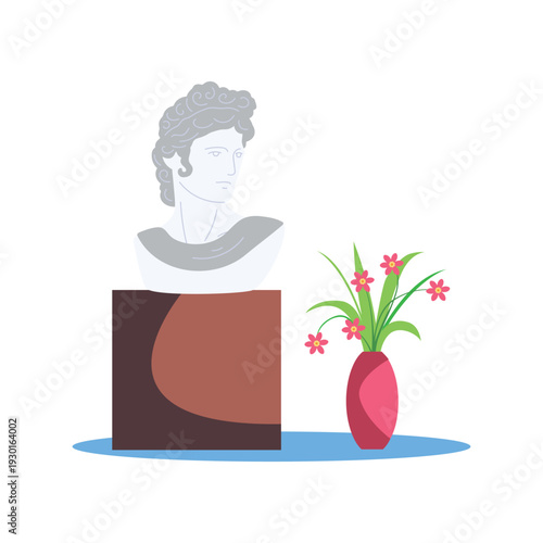 A bust of a man beside a vase filled with colorful flowers