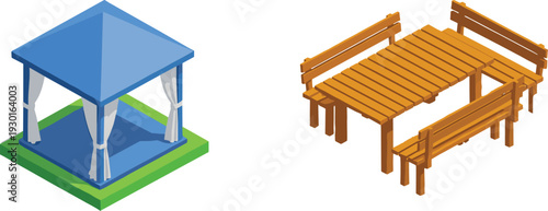 Isometric Gazebo Pavilion with Curtains and Wooden Outdoor Picnic Table with Benches Garden Furniture Vector Illustration Set