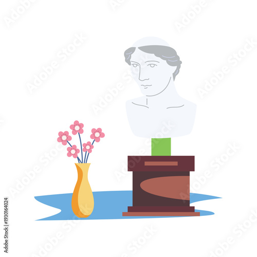 A sculpted bust of a man with a vibrant flower arrangement in a vase nearby