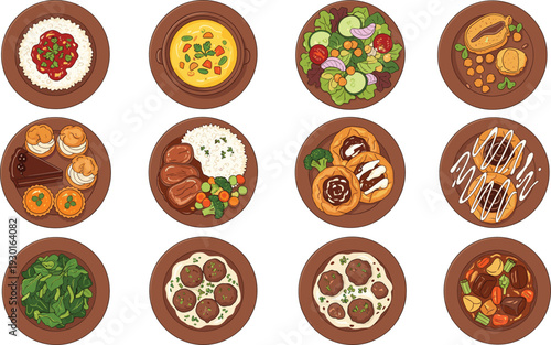 Top View Collection of Traditional Middle Eastern Dishes with Rice, Meat, Salad, Soup, Falafel, and Desserts in Flat Vector Illustration Style