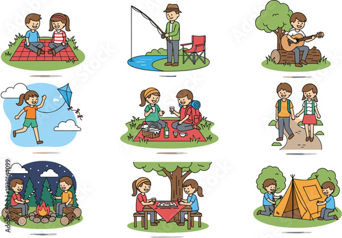 Family Outdoor Activities Set with Camping, Fishing, Picnic, Hiking and Campfire Cartoon Vector Illustration Collection