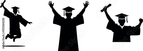 Three graduates celebrating with arms raised in caps and gowns