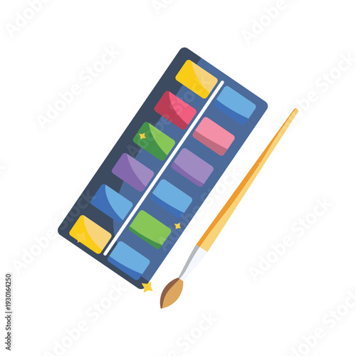A colorful paint palette with a brush resting on it, ready for artistic creation.