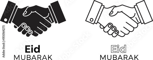 Eid Mubarak greeting handshake icons set with solid and outline vector style, Islamic religious celebration, traditional Muslim brotherhood gesture, festive holiday design.