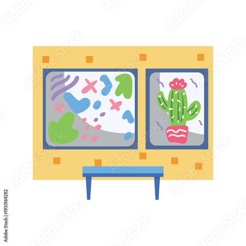 A window featuring a cactus plant, with sunlight illuminating the green spines