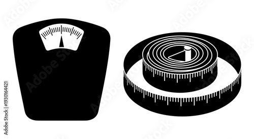 Measuring tools: a bathroom scale and a flexible measuring tape side by side Vector, illustration