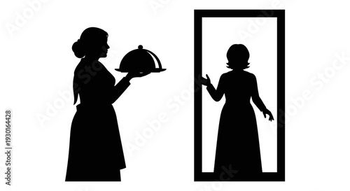 Silhouette of a woman holding a tray and her reflection in a mirror Vector, illustration