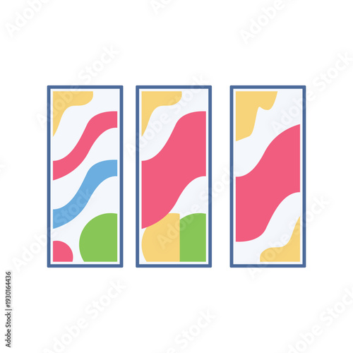 Three colorful banners in various shapes displayed together.