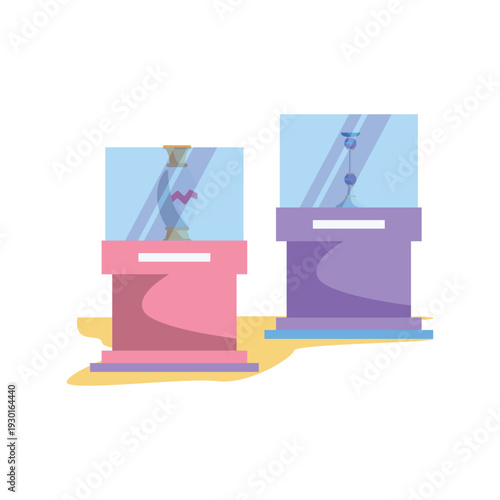  A glass vase sits atop two pedestals, each holding a unique decorative vase below