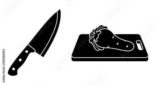 A cleaver knife and a cut piece of meat on a black cutting board. Vector, illustration