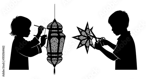 Children crafting handmade holiday ornaments with lantern and star decorations. Vector, illustration