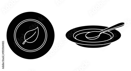 Minimalist black and white leaf and bowl with spoon illustration Vector, illustration