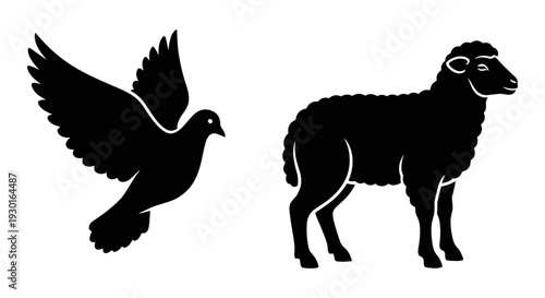 Silhouette of a dove and a sheep standing side by side in black and white contrast Vector, illustration