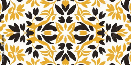 Repeating floral pattern with yellow and black leaves on a symmetrical design viewed from directly above