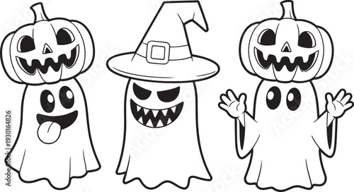 Halloween ghosts with pumpkin heads and witch hat