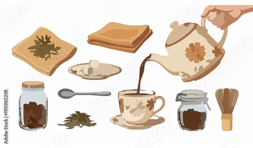Vintage tea ceremony vector illustration with teapots, cups, and herbal accents