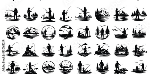 Large Collection of Black Silhouette Vector Illustrations Featuring Fishermen Anglers Boats Mountains and Pine Trees for Outdoor Fishing Adventure Designs