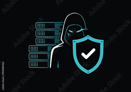 Cyber security expert guarding data server with blue glowing shield