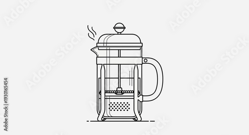 French Press Coffee Maker Line Art Illustration, Hot Beverage Brewing Concept