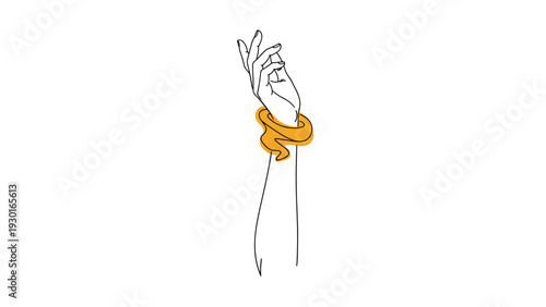 Minimalist line drawing of a raised human arm wearing an orange scrunchie or decorative band around the wrist for lifestyle concepts.