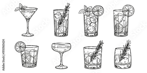 A collection of cocktail glasses and tumblers with garnishes, viewed from directly above, featuring various mixology creations.