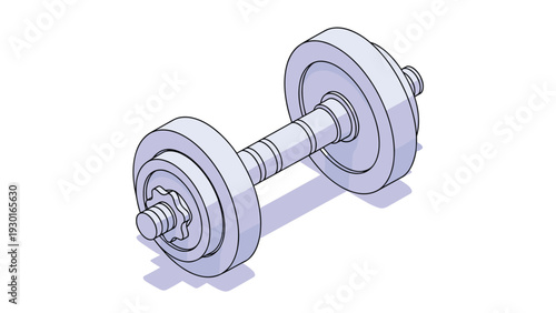 Isometric 3D illustration of a metal dumbbell weight for fitness, bodybuilding, and strength training exercises in a light gray color.