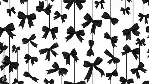 Decorative seamless pattern showing black ribbon bows hanging from vertical lines on a clean white background for elegant gift themes.