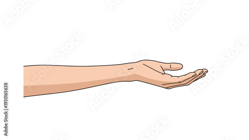 Simple illustration of a human hand and forearm reaching out horizontally with the palm facing upwards in a welcoming gesture.