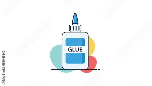 Bottle of white liquid glue with a blue cap and label presented on a decorative background with colorful circles for school.