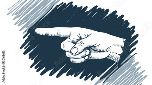 Hand sketch with an index finger pointing to the left side placed over a dark blue messy scribble background for emphasis.