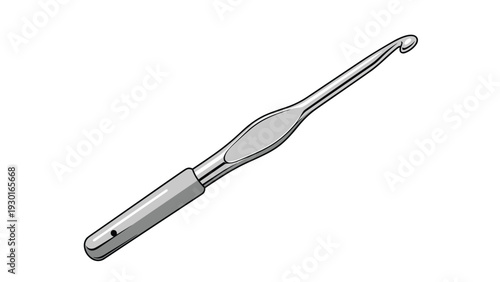Metal crochet hook with a grey ergonomic handle shown at a diagonal angle against a solid white background for craft projects.