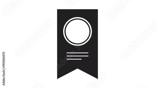 Black award ribbon icon featuring a central white circle and horizontal lines below symbolizing a badge of honor or achievement.