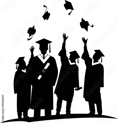 Graduation celebration silhouette five graduates in academic regalia