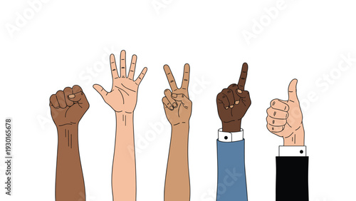 Group of diverse hands and arms raised vertically showing various signs like a fist and peace sign isolated on a white space.